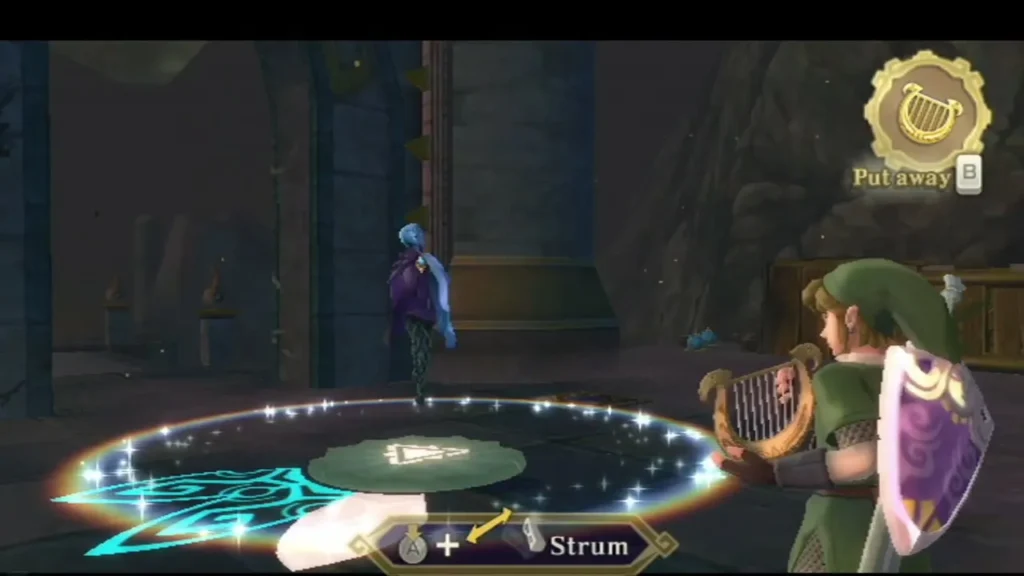 Link strums Din's Power on the harp as the cyan gate mark lights up Link strums Din's Power on the harp as the cyan gate mark lights up