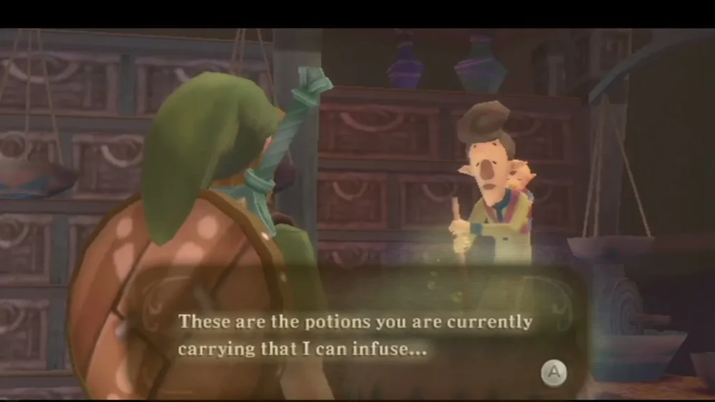 The Infusion Shop keeper says he can infuse the potions Link is carrying The Infusion Shop keeper says he can infuse the potions Link is carrying