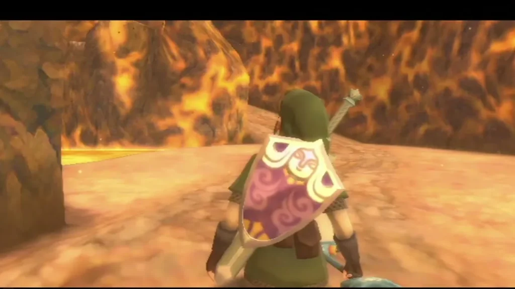 Link raises his shield on a lava-lit path up Eldin Volcano Link raises his shield on a lava-lit path up Eldin Volcano