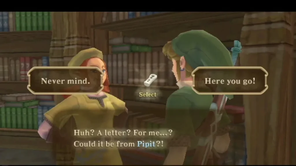 Link offers Cawlin's letter to Karane in the Academy library, choosing Here you go! from the dialogue options. Link offers Cawlin's letter to Karane in the Academy library, choosing Here you go! from the dialogue options.