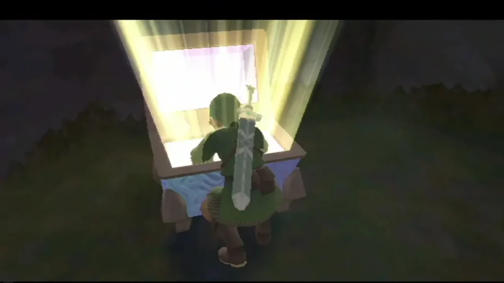 Link opens a glowing chest on a cliff, light pouring up from its lid. Link opens a glowing chest on a cliff, light pouring up from its lid.