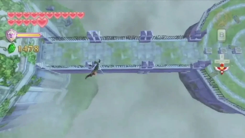 Link runs across a long stone bridge toward a round, grassy platform above the clouds. Link runs across a long stone bridge toward a round, grassy platform above the clouds.