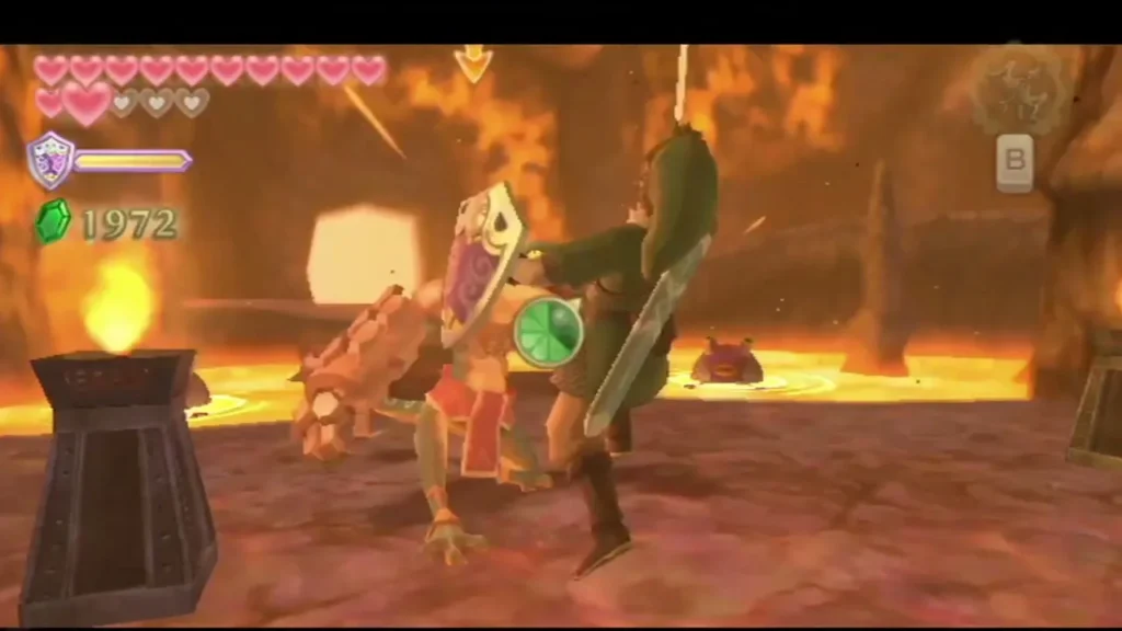 Link slashes at a monster holding a shield beside a lava pool on the volcano path. Link slashes at a monster holding a shield beside a lava pool on the volcano path.
