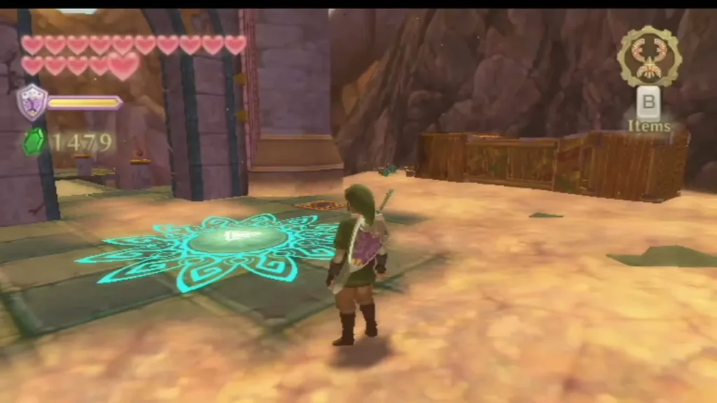 Link stands on the glowing cyan mark in the Eldin Volcano gate plaza Link stands on the glowing cyan mark in the Eldin Volcano gate plaza