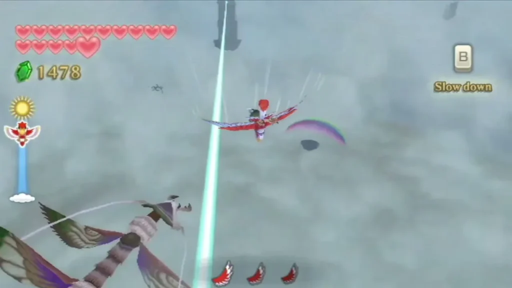 Link rides a Loftwing through the Thunderhead, dodging winged enemies beside a cyan light beam. Link rides a Loftwing through the Thunderhead, dodging winged enemies beside a cyan light beam.