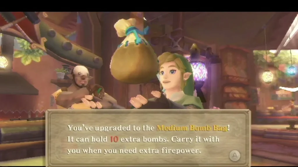 Link holds up the Medium Bomb Bag, with a box saying it holds 10 extra bombs. Link holds up the Medium Bomb Bag, with a box saying it holds 10 extra bombs.