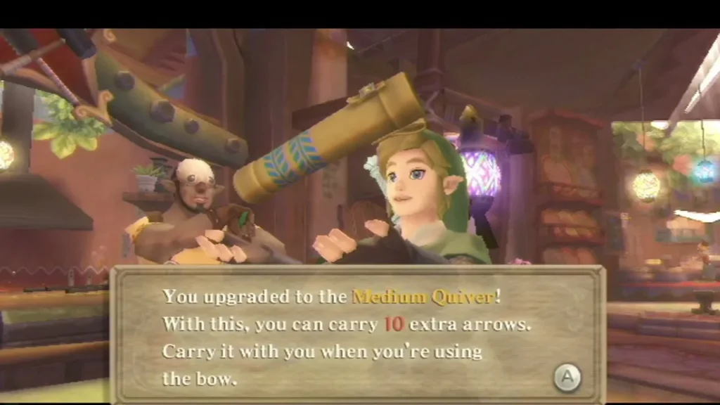 Link holds up the Medium Quiver, with a box saying it carries 10 extra arrows. Link holds up the Medium Quiver, with a box saying it carries 10 extra arrows.