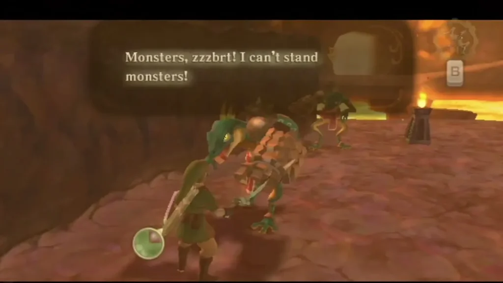 A text box has the robot complaining about monsters, as a monster faces Link on the lava path. A text box has the robot complaining about monsters, as a monster faces Link on the lava path.