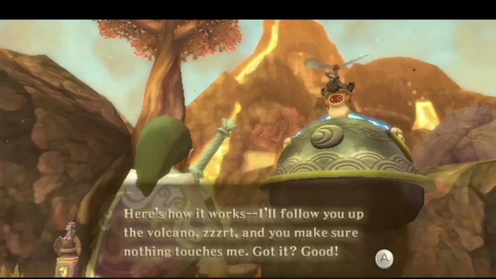 Scrapper explains the rules: he follows Link up the volcano, and Link must keep every monster from touching him. Scrapper explains the rules: he follows Link up the volcano, and Link must keep every monster from touching him.