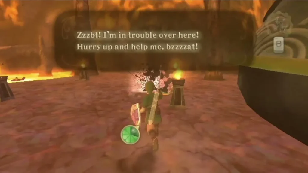 Scrapper cries that he is in trouble on the lava path as Link fights a monster nearby. Scrapper cries that he is in trouble on the lava path as Link fights a monster nearby.