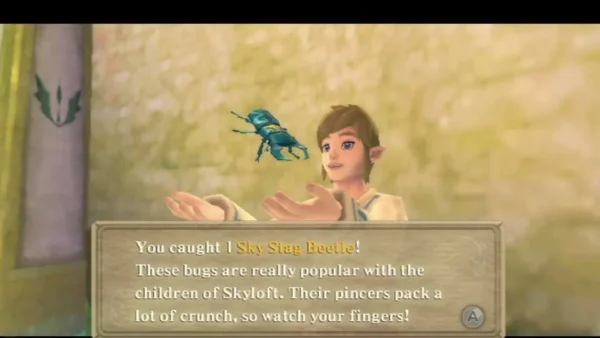 Link holds up a freshly caught Sky Stag Beetle, and the catch message is fully written in the box. Link holds up a freshly caught Sky Stag Beetle, and the catch message is fully written in the box.