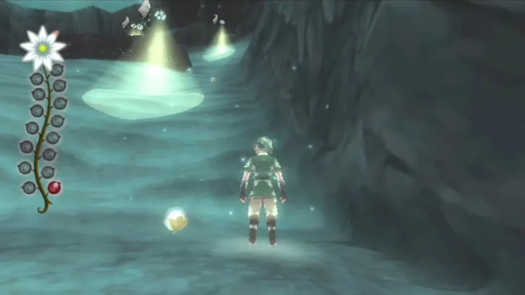 Link walks a glowing cave floor with the Spirit Vessel on the left, its first tear already filled. Link walks a glowing cave floor with the Spirit Vessel on the left, its first tear already filled.