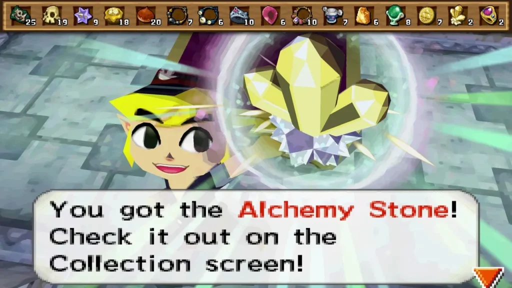 Link holding up a golden Alchemy Stone, with the box naming it Link holding up a golden Alchemy Stone, with the box naming it