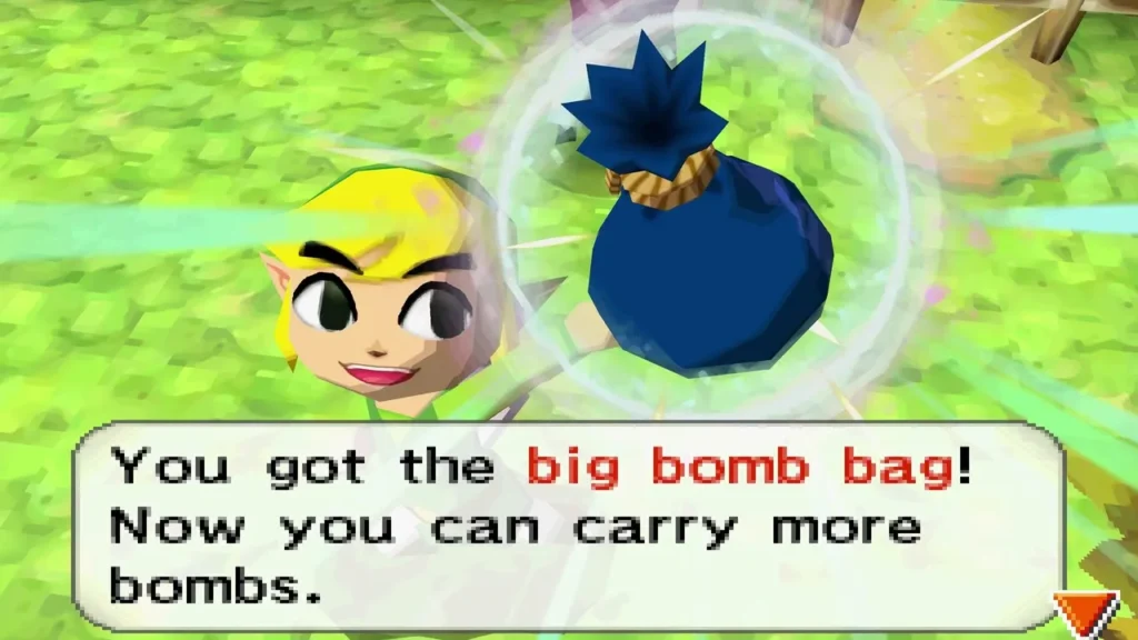 Link holding up the big bomb bag, with the box saying he can now carry more bombs Link holding up the big bomb bag, with the box saying he can now carry more bombs
