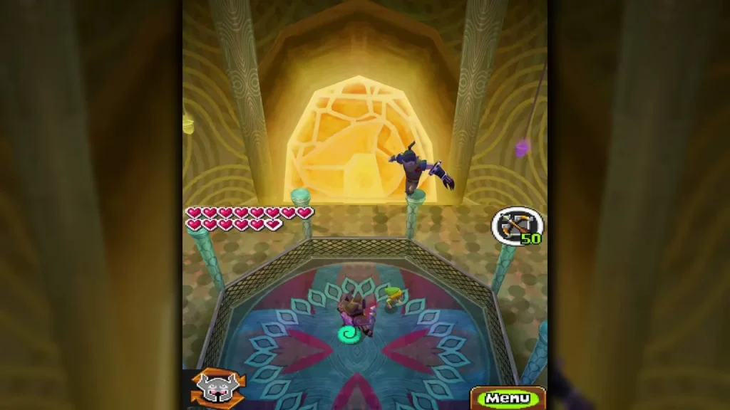 Byrne dropping into the round roof arena of the Tower of Spirits beneath the glowing stained glass Byrne dropping into the round roof arena of the Tower of Spirits beneath the glowing stained glass