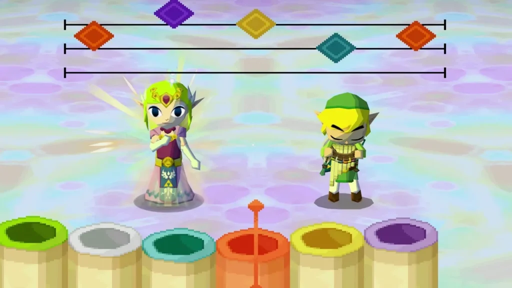 Link and Zelda on the shimmering Lokomo song stage with rhythm bars, for the final duet. Link and Zelda on the shimmering Lokomo song stage with rhythm bars, for the final duet.