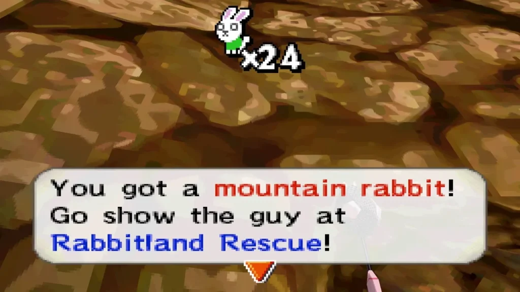 A mountain rabbit caught in the Fire Realm, with the box telling Link to take it to Rabbitland Rescue. A mountain rabbit caught in the Fire Realm, with the box telling Link to take it to Rabbitland Rescue.