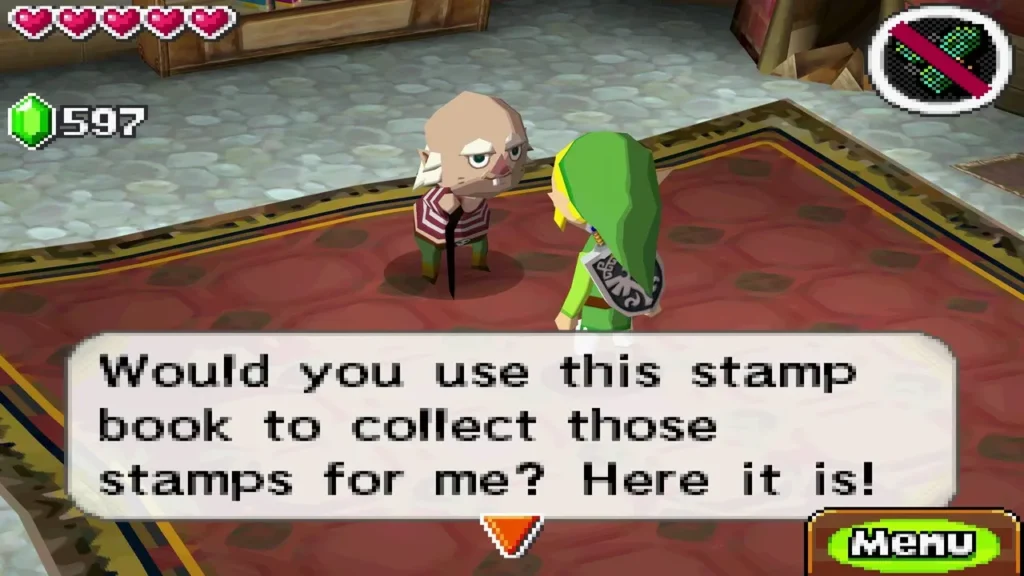 Niko asking Link to use the stamp book to collect stamps for him, in his house. Niko asking Link to use the stamp book to collect stamps for him, in his house.
