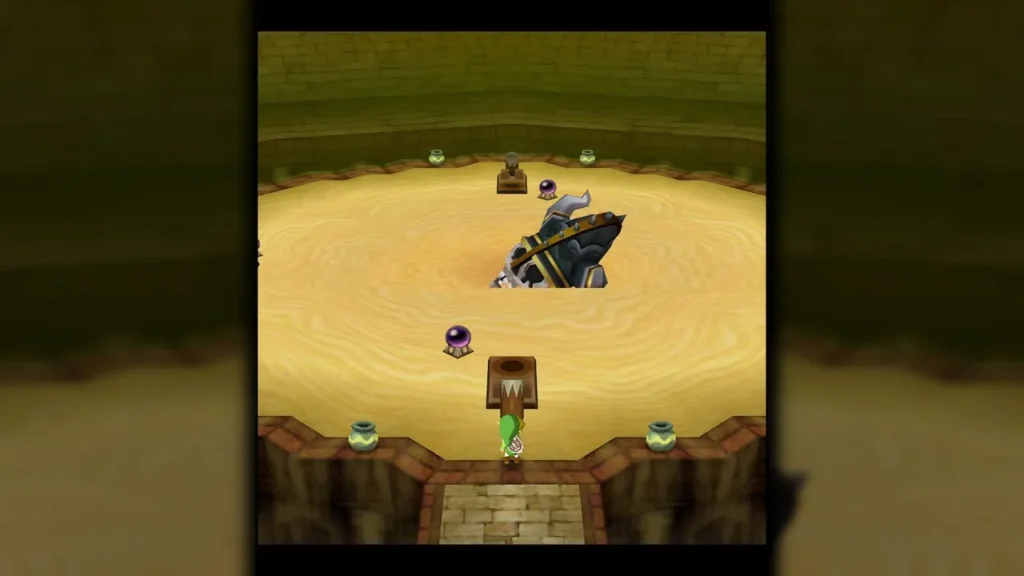Skeldritch's spiked body rising from the sand of the Sand Temple arena Skeldritch's spiked body rising from the sand of the Sand Temple arena