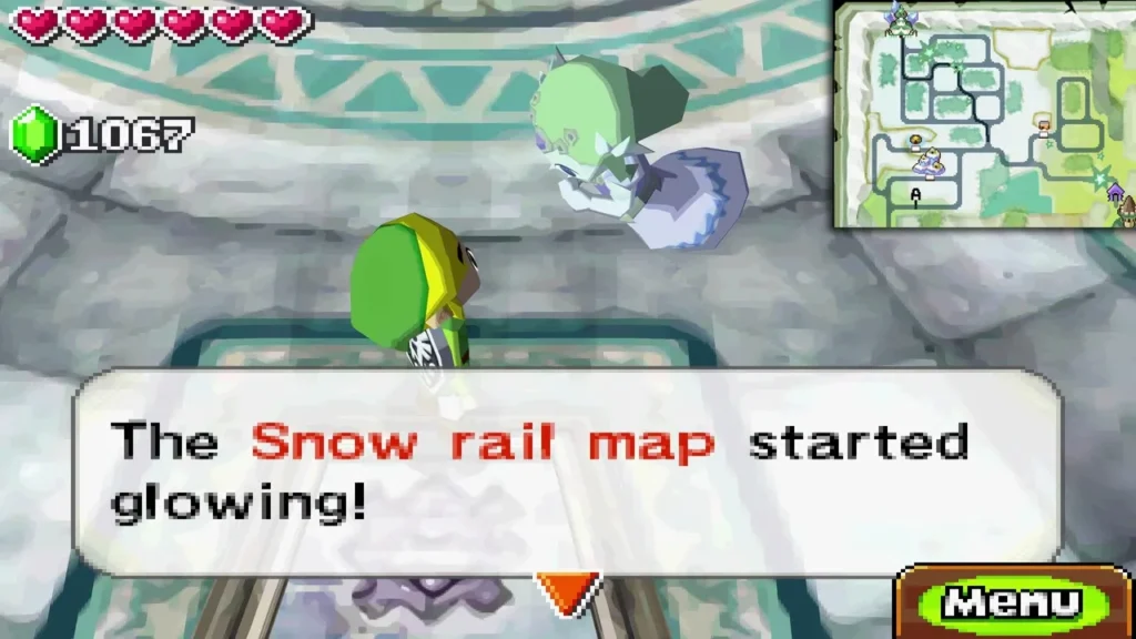 A message box reading that the Snow rail map started glowing, shown in an icy room A message box reading that the Snow rail map started glowing, shown in an icy room