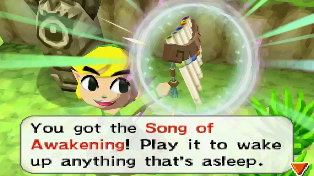 Link holding up the Song of Awakening flute, with the box reading You got the Song of Awakening. Link holding up the Song of Awakening flute, with the box reading You got the Song of Awakening.