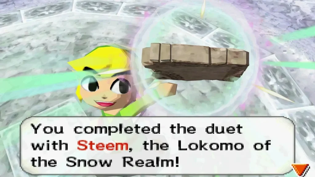 Link finishing the duet with Steem, the Lokomo of the Snow Realm, with the completion box on screen. Link finishing the duet with Steem, the Lokomo of the Snow Realm, with the completion box on screen.
