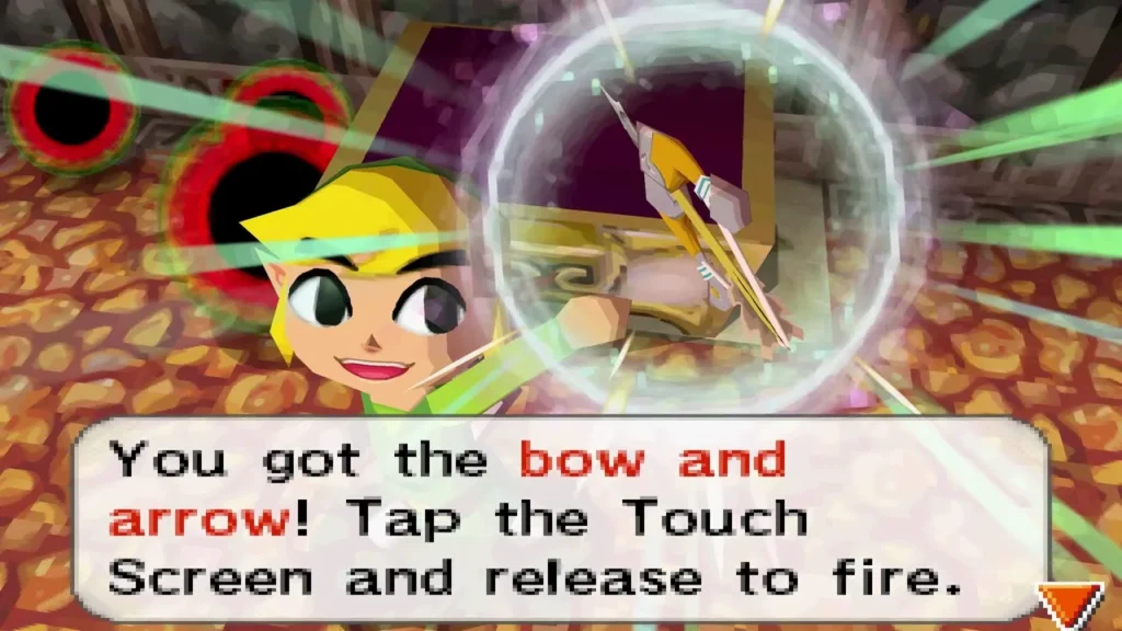 Link holding up the Bow and Arrows with the item message in the Fire Temple Link holding up the Bow and Arrows with the item message in the Fire Temple