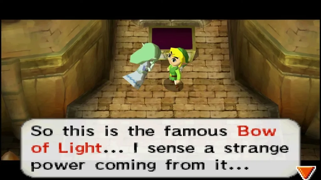 A ghostly figure beside Link at the Bow of Light pedestal, saying So this is the famous Bow of Light A ghostly figure beside Link at the Bow of Light pedestal, saying So this is the famous Bow of Light