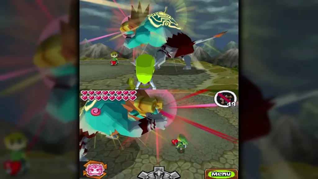 Pink Light Arrow beams striking Malladus's back while Link fights beside it Pink Light Arrow beams striking Malladus's back while Link fights beside it