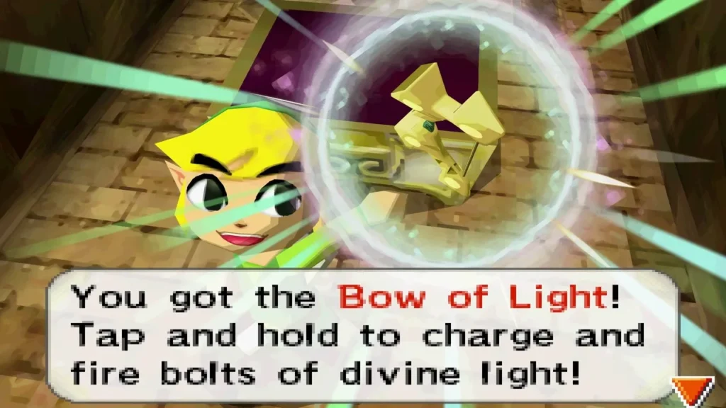 Link holding up the Bow of Light with the item message in the Sand Temple treasure room Link holding up the Bow of Light with the item message in the Sand Temple treasure room