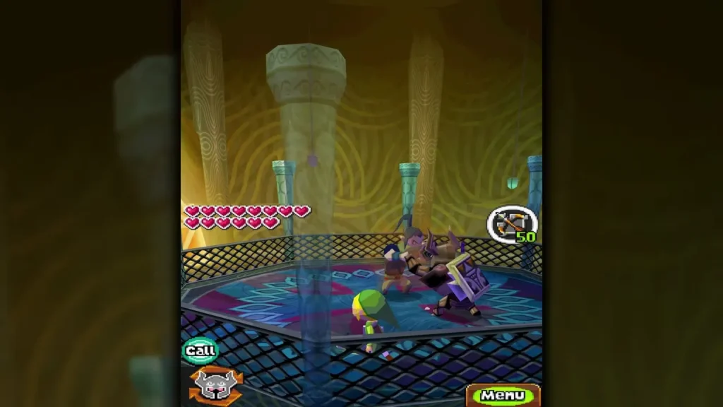 Byrne on the ground in the Tower of Spirits arena as Link and Zelda close in Byrne on the ground in the Tower of Spirits arena as Link and Zelda close in