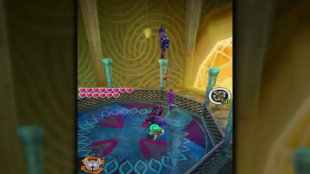 Byrne leaping between pillars above Link on the Tower of Spirits roof arena Byrne leaping between pillars above Link on the Tower of Spirits roof arena