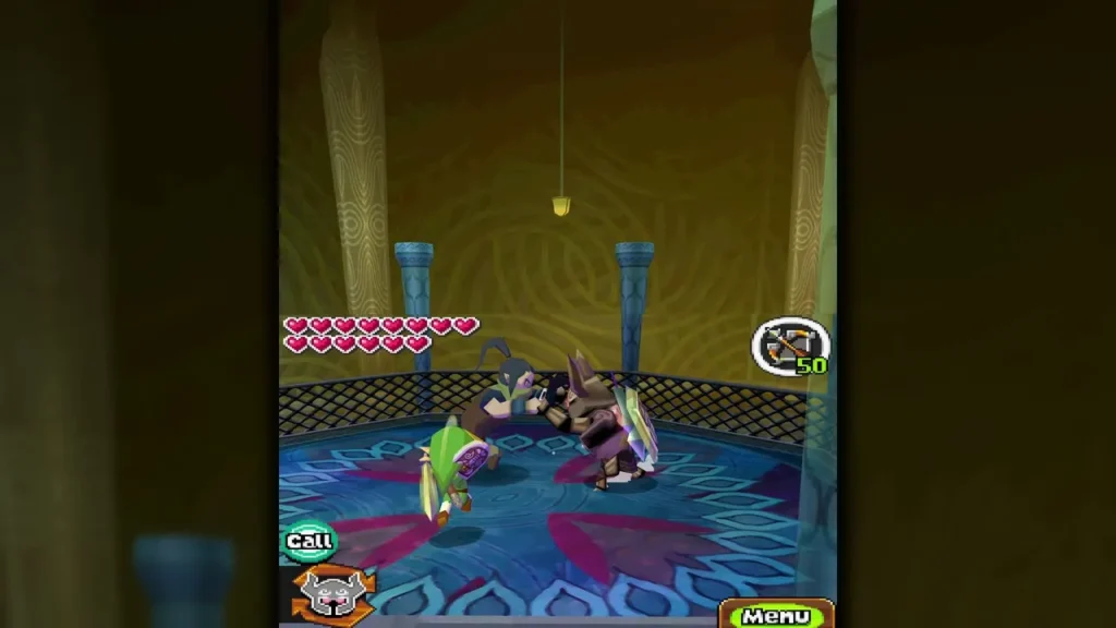 Link striking Byrne in close combat on the Tower of Spirits roof arena Link striking Byrne in close combat on the Tower of Spirits roof arena