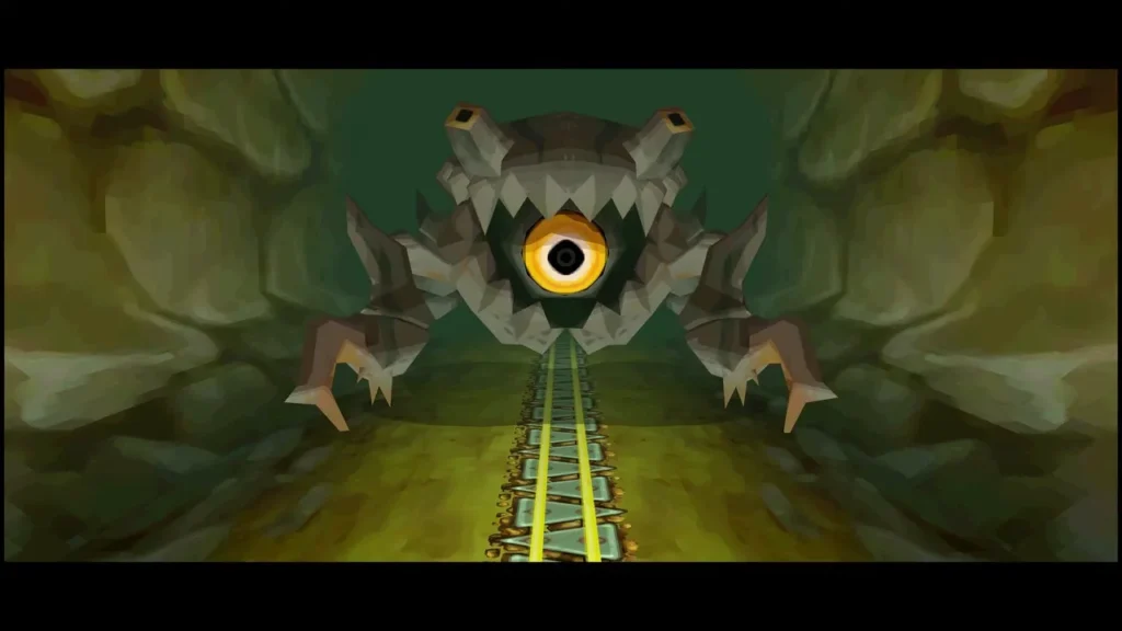 The Rocktite monster with its eye blocking the Cave tunnel ahead of the train The Rocktite monster with its eye blocking the Cave tunnel ahead of the train