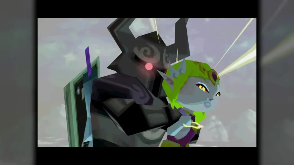 Cole's dark armored figure with a red eye beside the green Phantom Zelda in a cutscene Cole's dark armored figure with a red eye beside the green Phantom Zelda in a cutscene