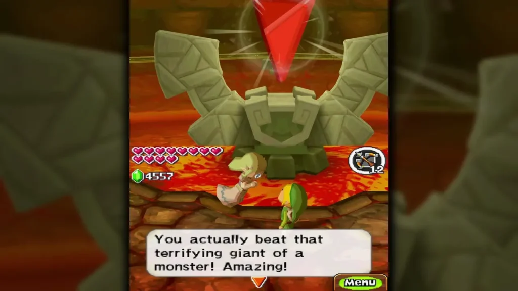 Fire Temple statue with the red Force Gem above it as an NPC congratulates Link on beating the giant Fire Temple statue with the red Force Gem above it as an NPC congratulates Link on beating the giant