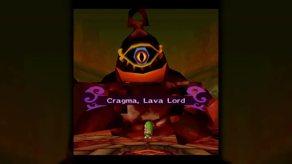 Cragma, Lava Lord named on screen as Link stands before the lava golem in the Fire Temple Cragma, Lava Lord named on screen as Link stands before the lava golem in the Fire Temple