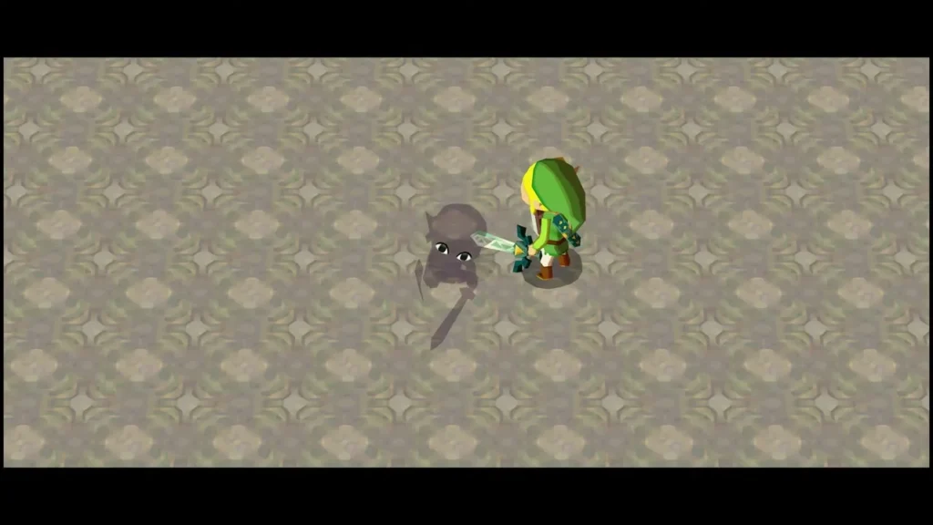 Link stands beside a fading grey Dark Link with the sword drawn on the arena floor Link stands beside a fading grey Dark Link with the sword drawn on the arena floor