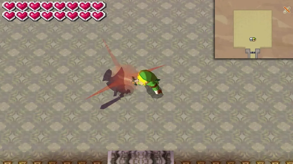 Link and Dark Link trade sword blows with red sparks on the Take Em All On arena floor Link and Dark Link trade sword blows with red sparks on the Take Em All On arena floor