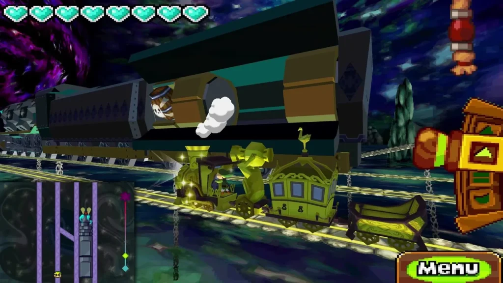 The armored Demon Train ahead on the rails under a purple vortex in the Dark Realm The armored Demon Train ahead on the rails under a purple vortex in the Dark Realm