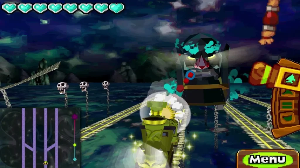Link's train firing its cannon at the dark Demon Train engine face in the Dark Realm Link's train firing its cannon at the dark Demon Train engine face in the Dark Realm