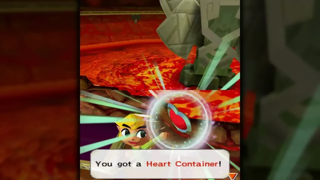Link in the Fire Temple lava room with the Heart Container in the item glow and the box reading You got a Heart Container! Link in the Fire Temple lava room with the Heart Container in the item glow and the box reading You got a Heart Container!