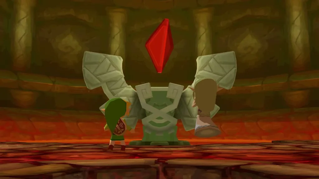 Link and Zelda beside the statue with the red Force Gem floating above it in the Fire Temple Link and Zelda beside the statue with the red Force Gem floating above it in the Fire Temple