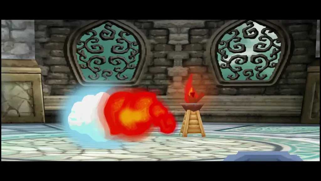 A ball of ice and fire blasts across the Snow Temple boss hall past the fire torch A ball of ice and fire blasts across the Snow Temple boss hall past the fire torch