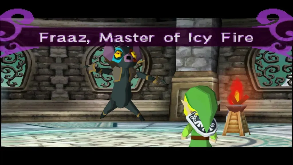 Fraaz, Master of Icy Fire named on screen beside the fire torch in the Snow Temple boss hall Fraaz, Master of Icy Fire named on screen beside the fire torch in the Snow Temple boss hall