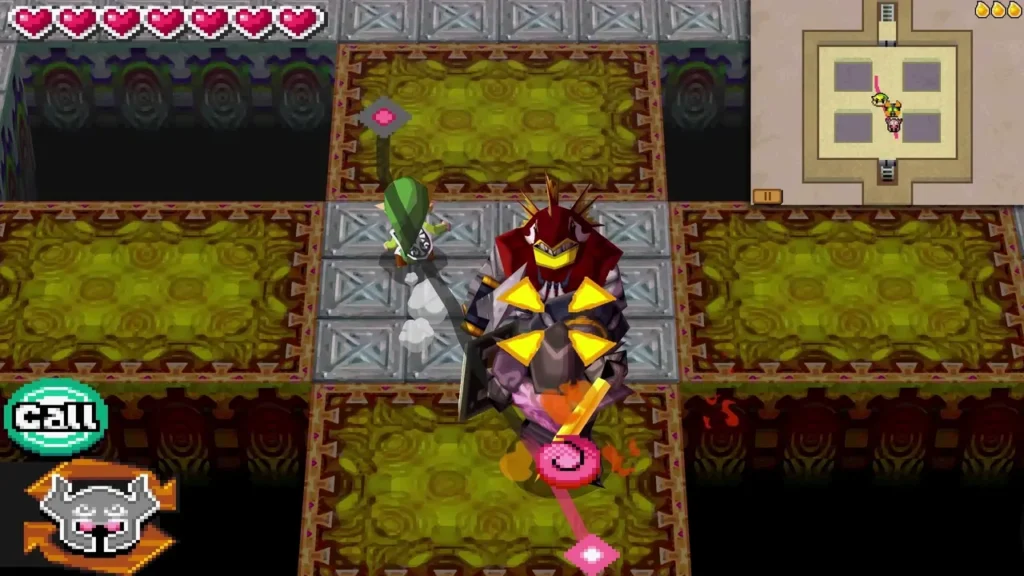 Link beside the red Geozard Chief as its yellow-spiked shield faces forward on floor 11 Link beside the red Geozard Chief as its yellow-spiked shield faces forward on floor 11
