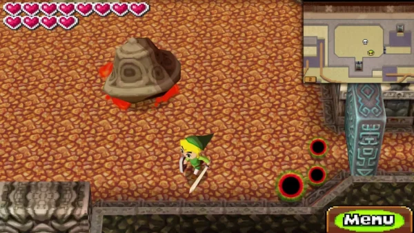 Heatoise pulled into its rocky shell on the Fire Temple floor, rolling toward Link Heatoise pulled into its rocky shell on the Fire Temple floor, rolling toward Link