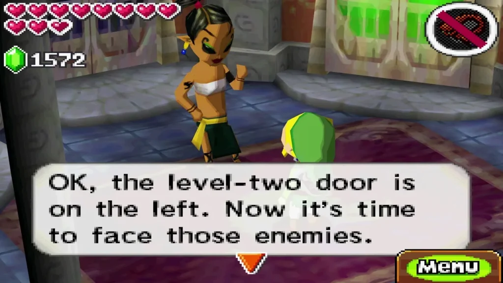 Guard NPC telling Link the level-two door is on the left of the Take 'Em All On! hall Guard NPC telling Link the level-two door is on the left of the Take 'Em All On! hall