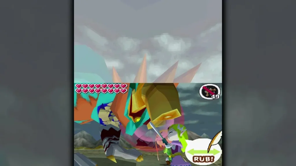Link rubbing the touch screen to drive the Lokomo Sword into Malladus's forehead Link rubbing the touch screen to drive the Lokomo Sword into Malladus's forehead
