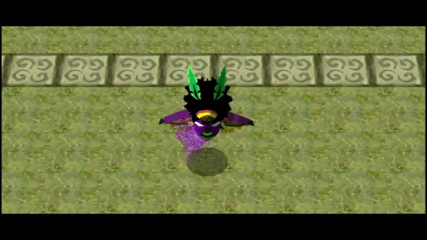 Mothula hovering over a patterned Forest Temple floor, its purple body and green crest in view Mothula hovering over a patterned Forest Temple floor, its purple body and green crest in view